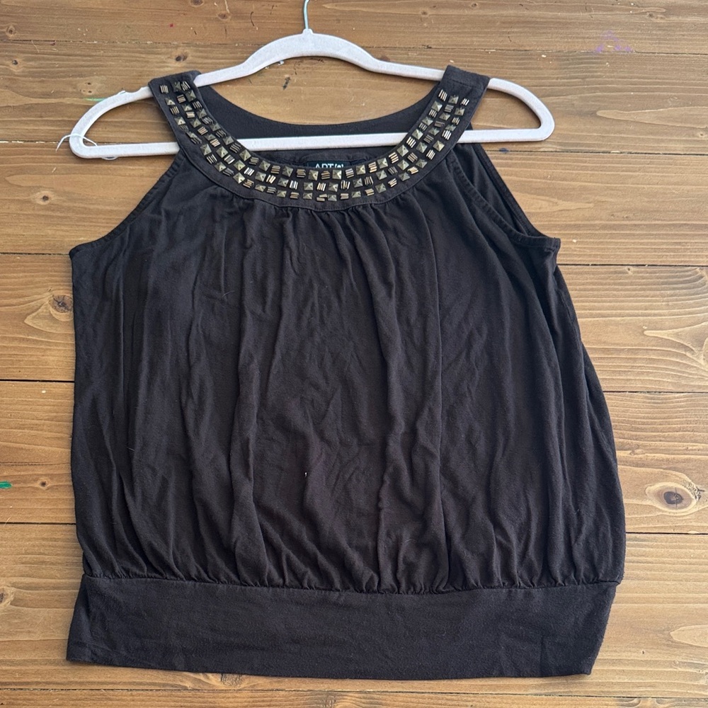 Apt. 9 Brown Studded Scoop Neck Bubble Hem Sleeveless Blouse Tank Top PM‎